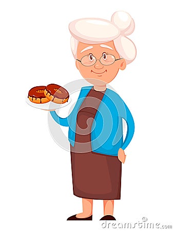 Grandmother holding delicious donuts. Cute cartoon character. Vector Illustration