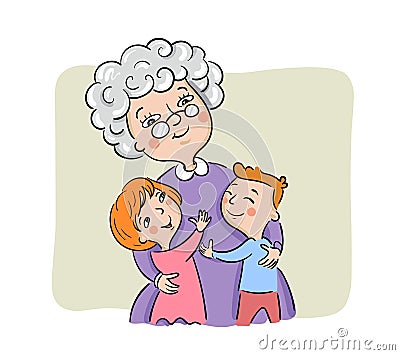 Grandmother hugs her grandchildren Vector Illustration