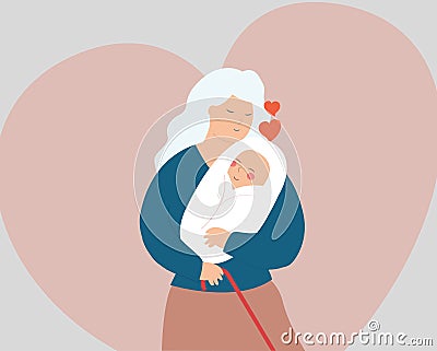 Grandmother hugs his newborn with love. Senior woman embraces a baby with care. Happy grandma holds her grandchild. Vector Illustration