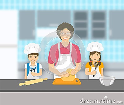 Grandmother and kids bake together at a kitchen Vector Illustration