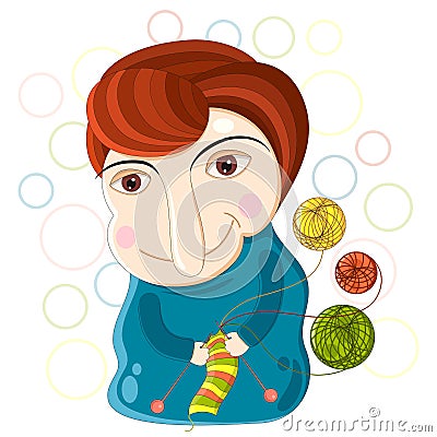 Grandmother knits a scarf from threads. Vector. Vector Illustration