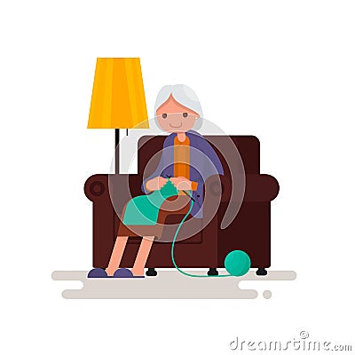 Grandmother knits sitting in a chair. Vector illustration Cartoon Illustration