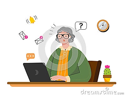 Surprised Elderly woman sits at a table and reads email on her Laptop. Cartoon Illustration