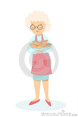 Grandmother with pies. Vector Illustration
