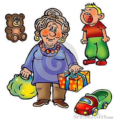 Grandmother with presents and naughty grandson Stock Photo