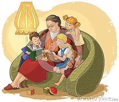 Grandmother reading a book fairy tales for your grandchildren Vector Illustration