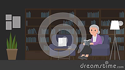 Grandmother is reading a book in study room. Senior woman sits on a couch in study room. Vector Illustration