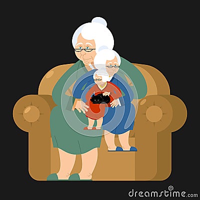 Grandmother recursion sits on chair. grandma Repetition. Old woman and cat Vector Illustration