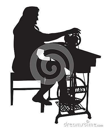 Grandmother silhouette with an old sewing machine Vector Illustration