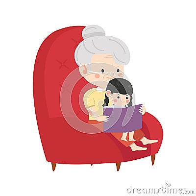 grandmother sits in a chair and reads a book to her granddaughter Vector Illustration