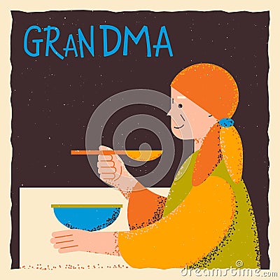 Grandmother sits at the table and eats. Square template with a grandmother in a scarf, with a spoon in her hand and text, in Vector Illustration