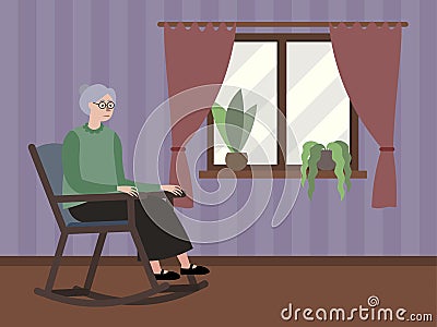 Grandmother sits by the window in a rocking chair. In minimalist style Cartoon flat raster Stock Photo
