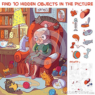 Grandmother sitting on the armchair and knits socks surrounded by her cats. Find hidden objects Vector Illustration