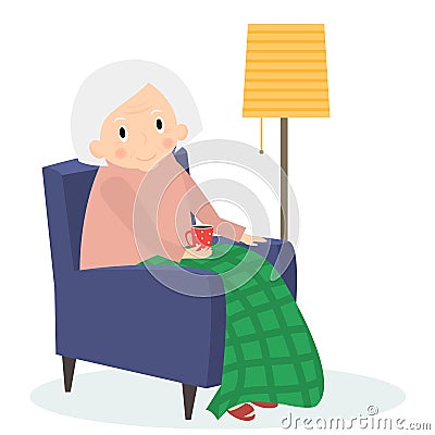 Grandmother sitting in armchair. Old woman leisure time. Grandma drink tea. Cute senior woman at home. Vector illustration Vector Illustration