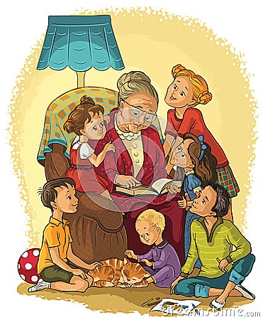 Grandmother sitting in chair reads a book to her grandchildren Vector Illustration