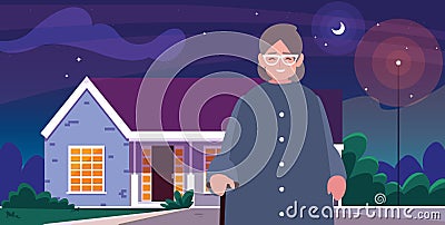 grandmother standing house night scene Cartoon Illustration