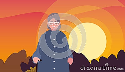 grandmother standing outdoors sunset landscape Cartoon Illustration