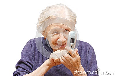 Grandmother studies phone Stock Photo