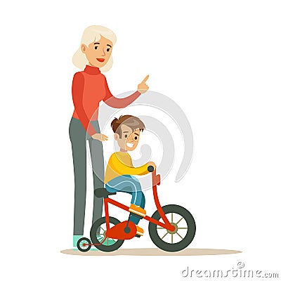 Grandmother Teaching Boy To Ride Bicycle, Part Of Grandparents Having Fun With Grandchildren Series Vector Illustration