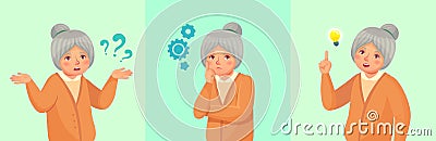 Grandmother thinking. Confused older female, thoughtful senior woman solved question or remembered answer vector cartoon Vector Illustration