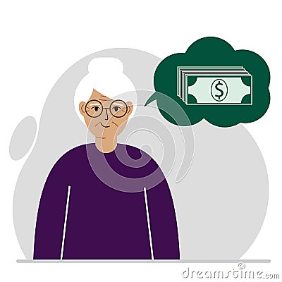 A grandmother thinks about financial success and income opportunities. A grandma thinks about money. Income, profit Vector Illustration