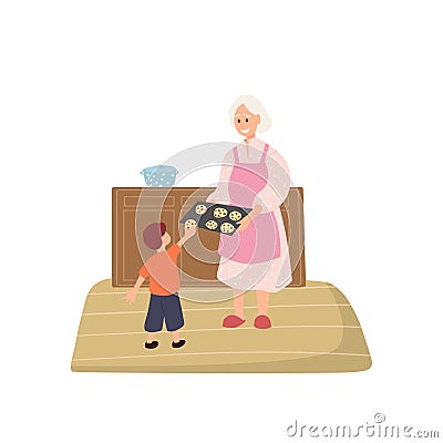 Grandmother treats grandson with cookies. Happy family scene. Smiling cartoon grandma. Isolated flat image of old woman Vector Illustration