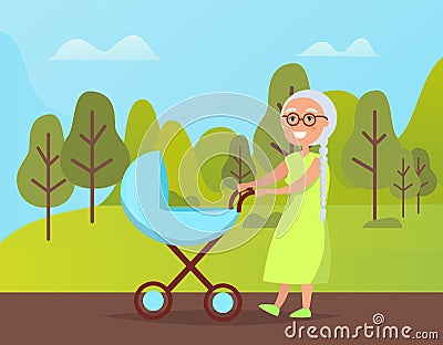 Grandma Walking with Buggy in Green Park Vector Vector Illustration