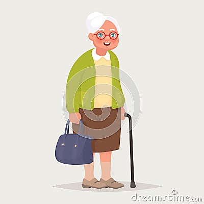 Grandmother wearing glasses. An elderly woman with a bag and a cane in her hands Cartoon Illustration