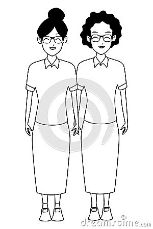 Grandmothers friends smiling cartoon in black and white Vector Illustration