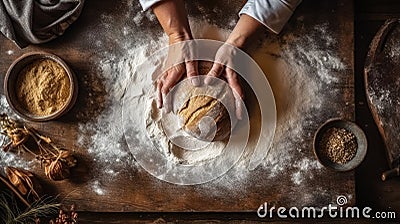 Grandmothers hands expertly kneading bread dough on a wooden table Stock Photo