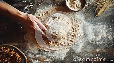 Grandmothers hands expertly kneading bread dough on a wooden table Stock Photo