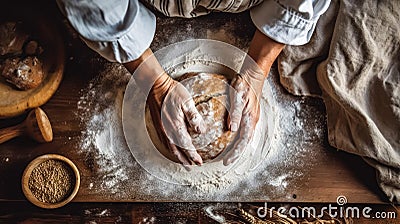 Grandmothers hands expertly kneading bread dough on a wooden table Stock Photo