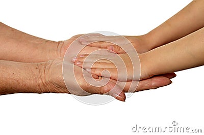 Grandmothers hands with little girl hands isolated on white background Stock Photo