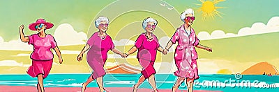 Grandmothers in pink walk along the beach at sea smiling cheerfully Stock Photo