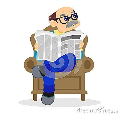 Grandpa in chair reading newspaper. Vector Illustration