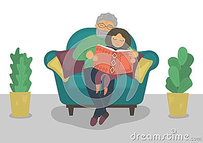 Grandpa and granddaughter reading book. Vector Illustration