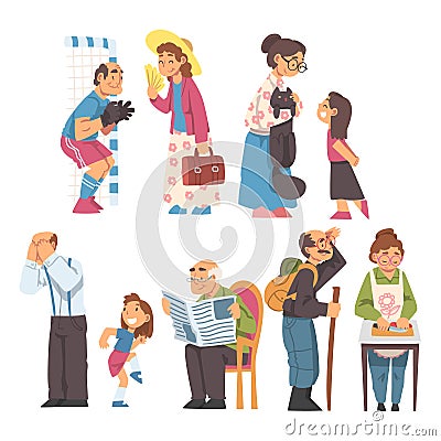 Grandpa and Grandma Cooking, Walking, Reading Newspaper and Playing with Grandchild Vector Illustration Set Vector Illustration