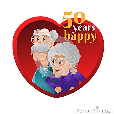 Grandpa huged grandma inside red heart. Grandmother and grandfather celebrating long-term relationship Vector Illustration