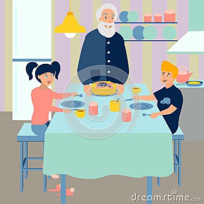Grandpa prepares breakfast for grandchildren. Kitchen interier. Flat in minimalist style. Cartoon vector Vector Illustration