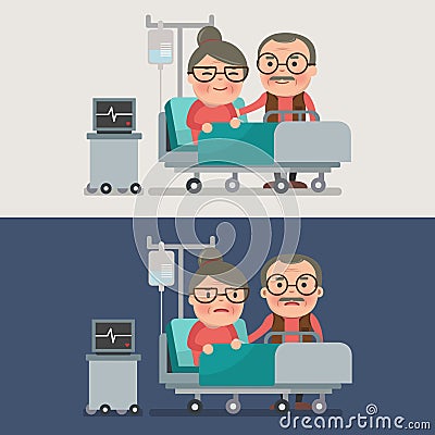Grandpa standing on the side of a bed. Vector Illustration