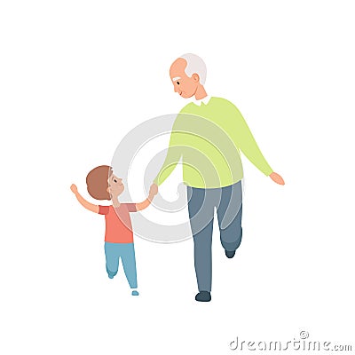 Grandpa walking with his little grandson, grandfather spending time playing with grandson vector Illustration on a white Vector Illustration