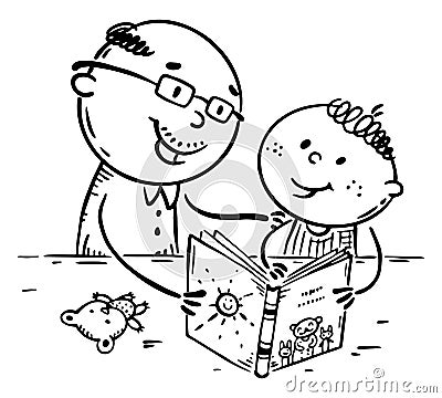 Grandpa reading book to his grandchild, outline vector illustration Vector Illustration