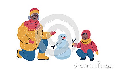 Grandparent making a snowman together with child during winter time. Isolated vector illustration. Vector Illustration