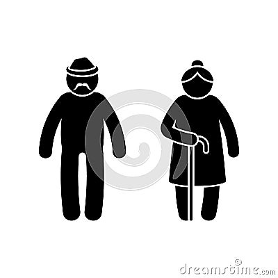 Grandparent stickman old man and woman vector icon set. Grandfather with mustache wearing hat, grandmother with walking stick Vector Illustration