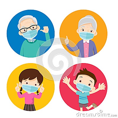 Grandparents and children wearing a surgical mask to prevent virus Vector Illustration