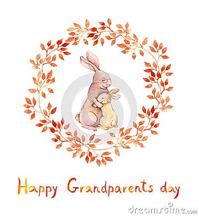 Grandparents day card. Grandma rabbit embrace her grandchild. Watercolor Stock Photo