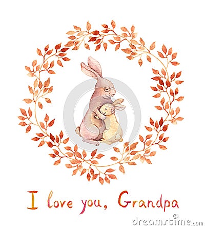 Grandparents day card. Grandpa rabbit hugs grandchild. Watercolor Stock Photo