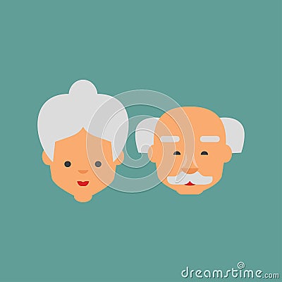 Grandparents day greeting card. Grandmother and grandfather standing together. Grandpa with cane and grandma with gift box. Vector Vector Illustration