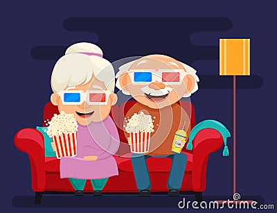 Grandparents day greeting card. Grandmother and grandfather watching movie at home. Vector Illustration