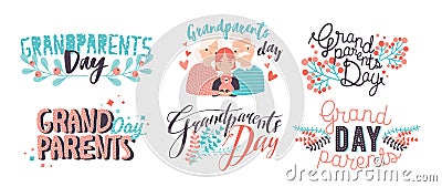 Grandparents day lettering. Different hand drawn colorful inscriptions with curly fonts and decor elements. Vector Illustration